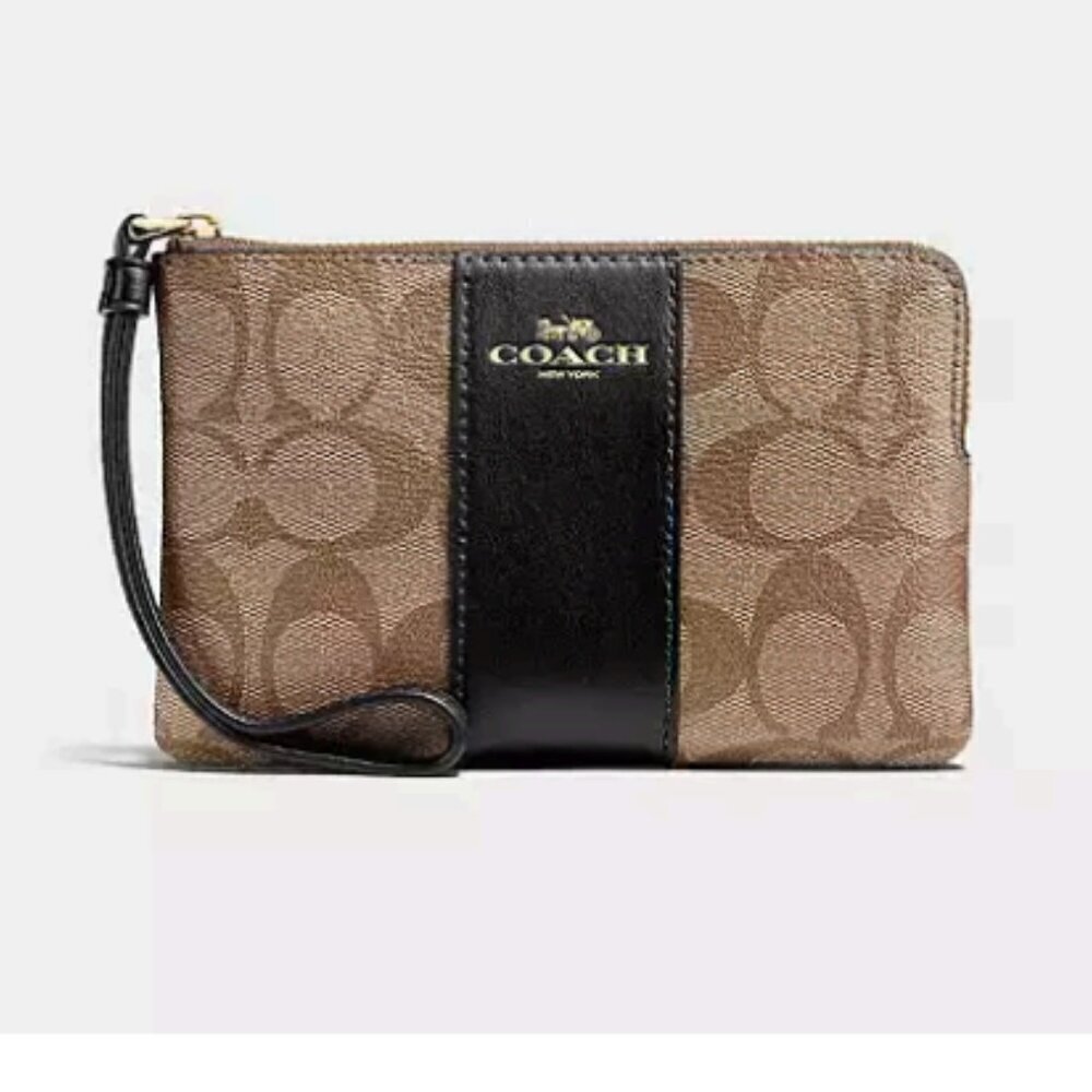 Coach Corner Zip Leather Wristlet Signature Canvas Gold Zipper Khaki Black
